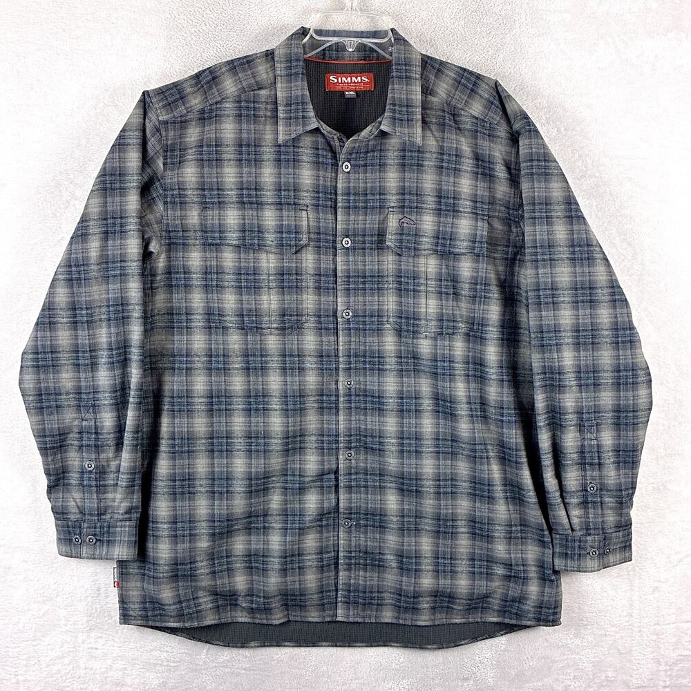 Simms Shirt Mens XXL Gray Blue Plaid Thermal Lined Fishing Hunting Outdoors